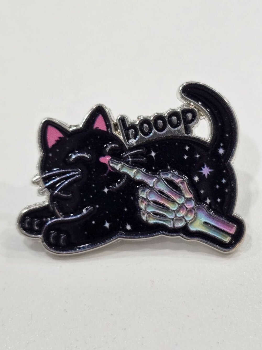 Artisan Spooky Black Cat Rainbow Skeleton Hand Boop Enamel Pin Halloween Goth - Picture 2 of 5
